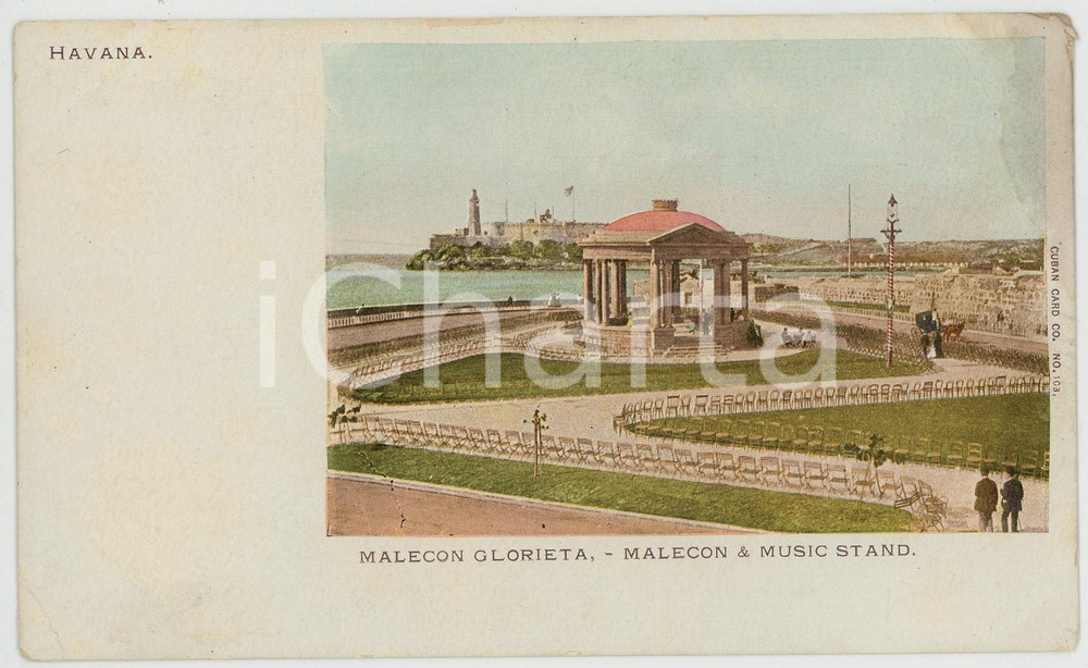1905 ca CUBA Malecon Glorieta - Malecon and music stand - ANIMATED Postcard  Cartolina postale d'epoca, non viaggiata.CONDIZIONI: POOR (piegature angolari e macchia di umidit&agrave; al lato destro; piccola abrasione al verso)FORMATO: FP    originale e autentica 1