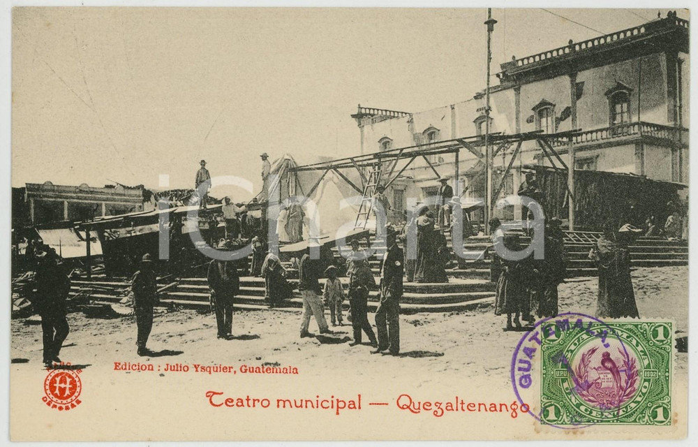 1900 ca QUETZALQUENANGO (GUATEMALA) Teatro municipal - Tarjeta ANIMADA  Cartolina postale d'epoca, con bollo e timbro al recto.CONDIZIONI: G FORMATO: FP    originale e autentica 1
