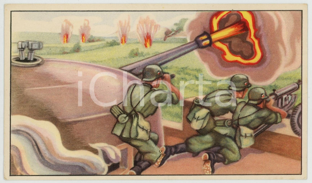 1945 ca WW2 Landing in Europe - Toffee TREFIN - Commandos - Chromo n° 41 Cartoncino cromo, originale d'epoca, pubblicitario "Toffe Trefin / L'Abeille-De Bie".Serie di 48 cromo "Le d&eacute;barquement en Europe" (Sbarco in Europa). FAIR/discreto minima piegatura angolare Formato: 14x8 cm originale e autentica 1