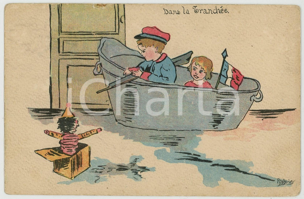 1915 ca WW1 FRANCE Orphelinat des armées Children with jack in the box Postcard  Cartolina postale d'epoca, non viaggiata. FAIR/discreto Smussature e piegature agli angoli, piccolo strappo al margine superiore Formato: FP originale e autentica 1