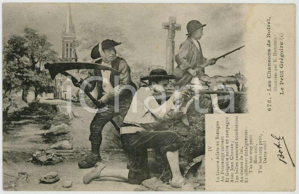 1905 ca Les chansons de BOTREL illustrées - Le petit Grégoire *Carte postale Cartolina postale d'epoca, che illustra una delle canzoni del noto compositore francese Th&eacute;odore Botrel.Scritta, ma non viaggiata. FAIR/discreto minime smussature angolari; lievi macchie Formato: 14x9 cm originale e autentica 1