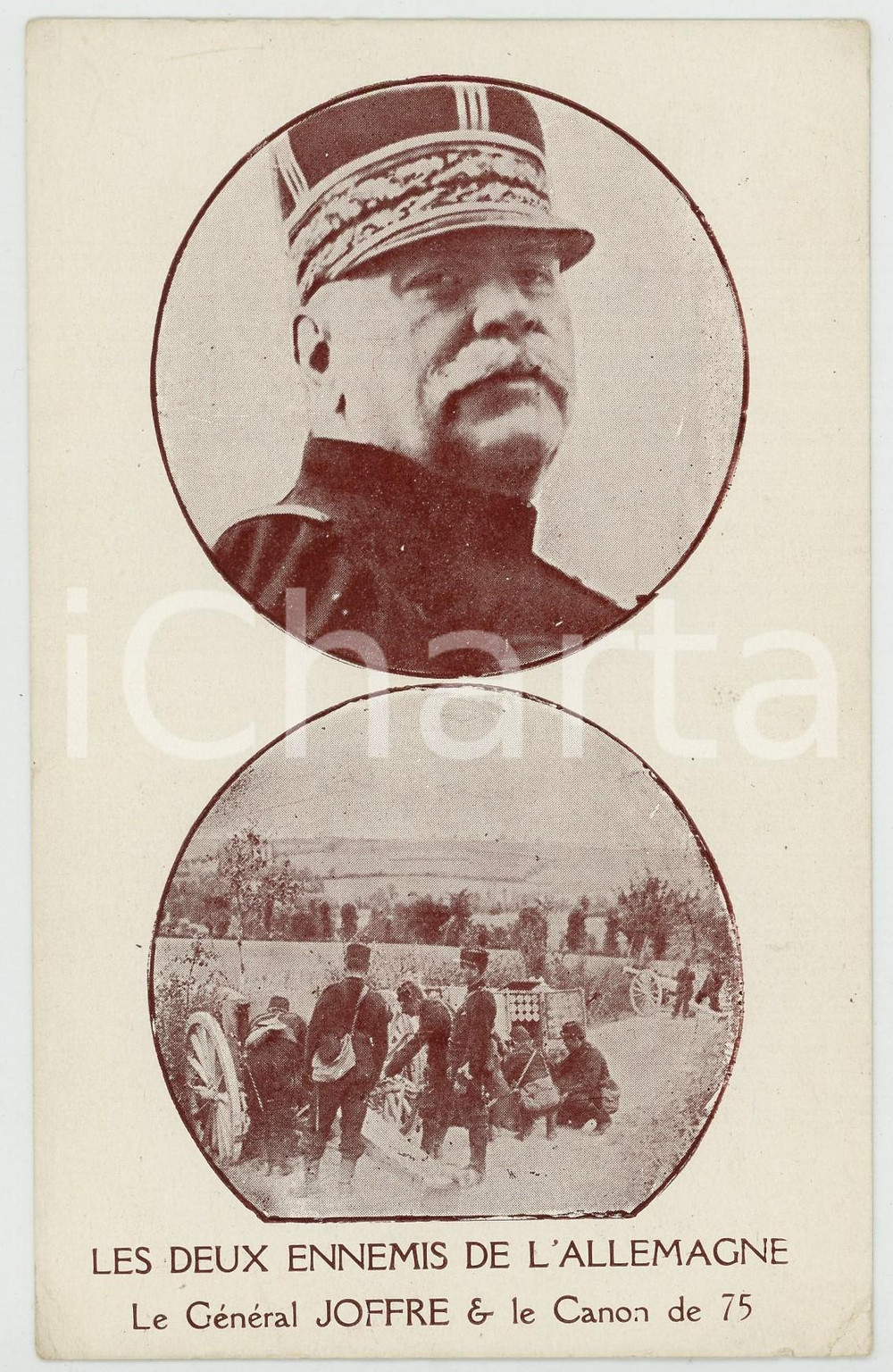 1915 WW1 Ennemis de l'Allemagne: Général Joseph JOFFRE et Canon de 75 Postcard  Cartolina postale d'epoca, non viaggiata. FAIR/discreto Piegature agli angoli Formato: FP originale e autentica 1