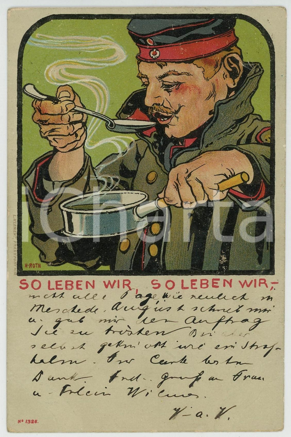 1900 Artist H. ROTH So leben wir, so leben wir ILLUSTRATED Postcard  Cartolina postale d'epoca, viaggiata ma con affrancatura rimossa. FAIR/discreto smussature agli angoli, abrasione al verso Formato: FP originale e autentica 1