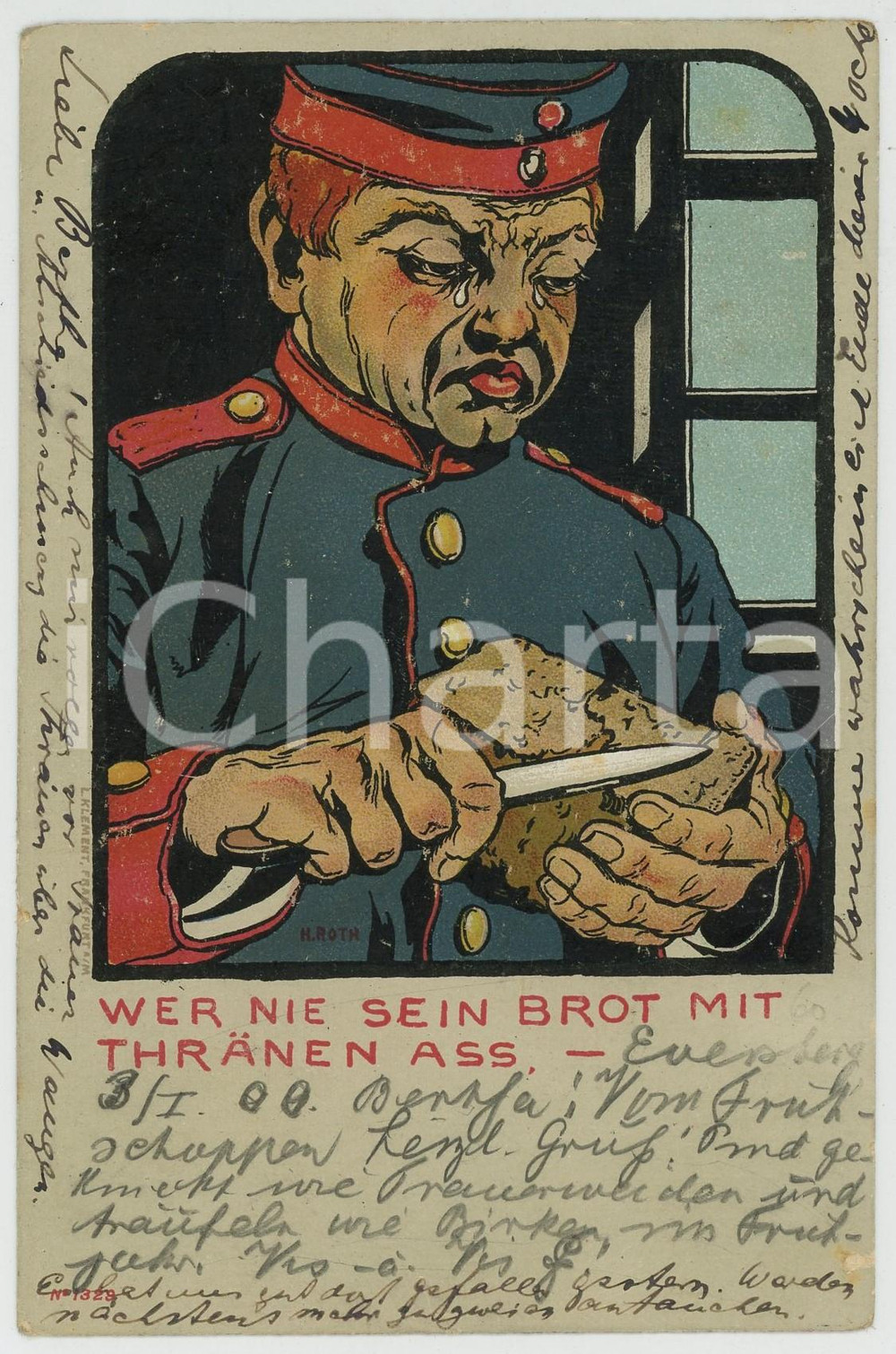 1900 Artist H. ROTH Wer nie sein brot mit tränen ass ILLUSTRATED Postcard  Cartolina postale d'epoca, viaggiata ma con affrancatura parzialmente rimossa. FAIR/discreto smussature agli angoli, piccolo strappo al margine destro Formato: FP originale e autentica 1