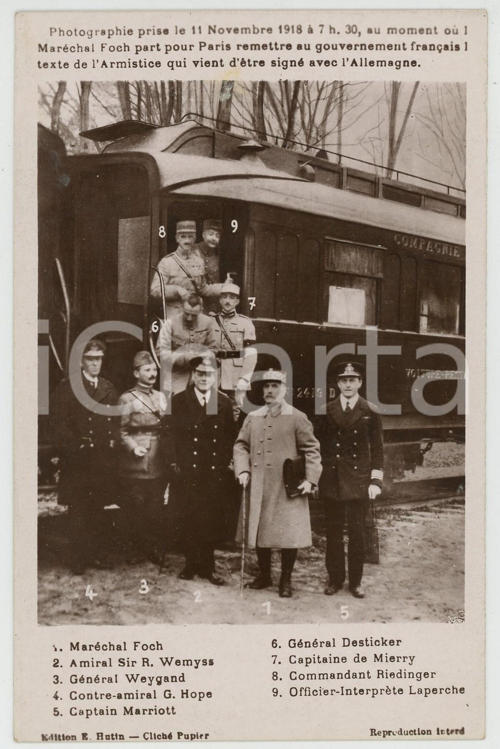1918 WW1 FRANCE Maréchal Ferdinand FOCH avec le texte de l'armistice - Postcard  Cartolina postale, non viaggiata. Al verso timbro del Monument de l'Armistice - Ville de Compi&egrave;gne FAIR/discreto Lievi smussature agli angoli Formato: FP originale e autentica 1