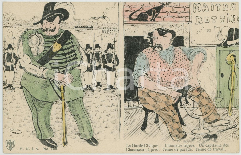 1900 ca BELGIQUE - HUMOUR Garde civique vs. chausseurs à pied - Carte postale  Cartolina postale d'epoca, viaggiata. FAIR/discreto Lievi smussature agli angoli Formato: FP originale e autentica 1