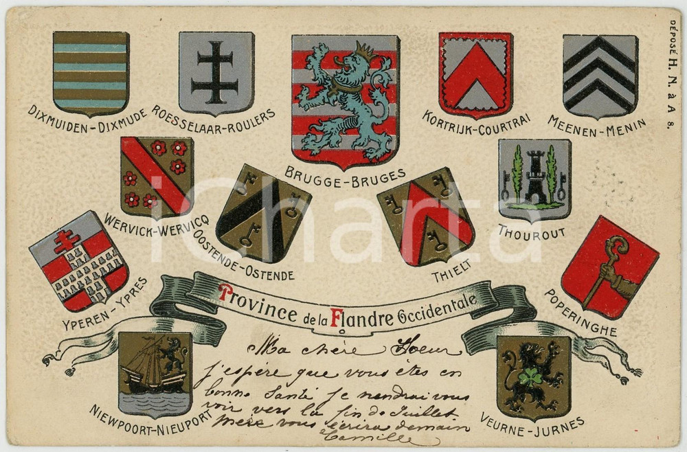 1905 BELGIQUE West-Vlaanderen - Province de Flandre-Occidentale - Carte postale  Cartolina postale d'epoca, viaggiata. FAIR/discreto Smussature e piegature agli angoli Formato: FP originale e autentica 1