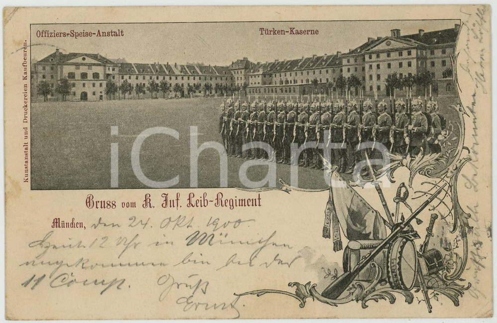 1900 MUNCHEN Gruss von K. Inf. Leib-Regiment *ILLUSTRATED Postcard  Cartolina postale d'epoca, viaggiata. FAIR/discreto piccole piegature angolari, con  lievi macchie Formato: 14x9 cm originale e autentica 1
