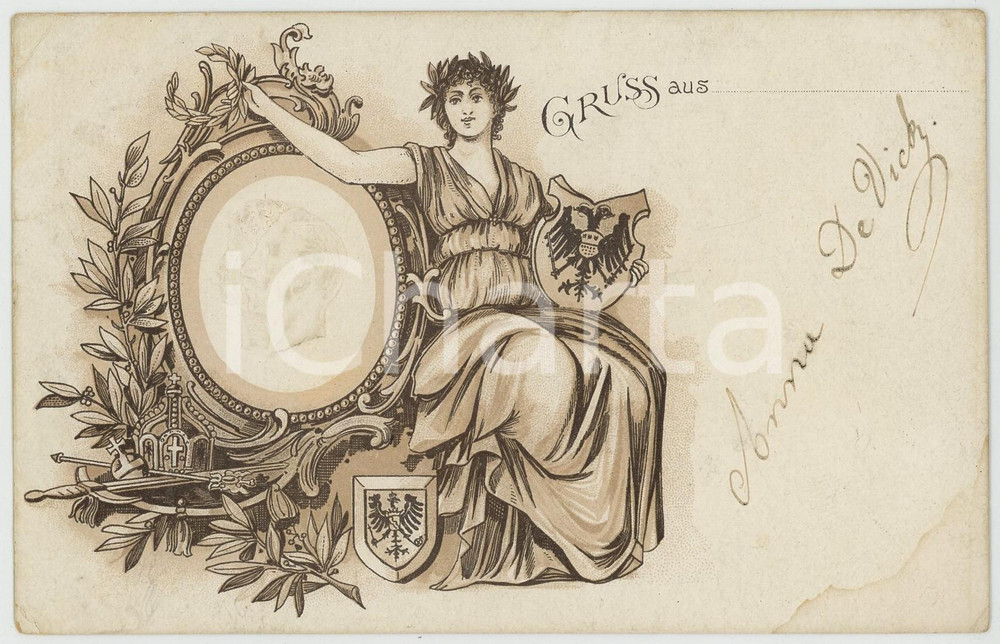 1900 ca DEUTSCHES REICH - Gruss aus - Embossed profile imperial couple *Postcard  Cartolina postale d'epoca, viaggiata. POOR/danneggiato piccole piegature angolari, con minimo scollamento dei lembi,  e macchie angolari Formato: 14x9 cm originale e autentica 1