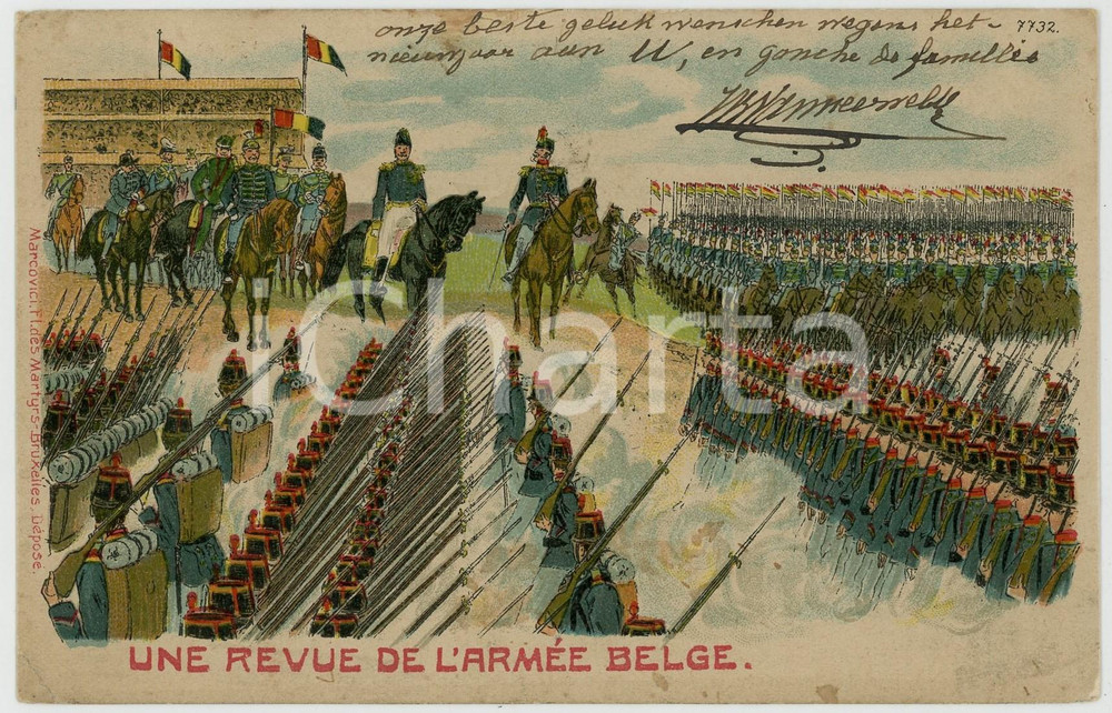 1906 ARMEE BELGE - Une revue - Carte postale CPA Marcovici ILLUSTREE  Cartolina postale d'epoca, viaggiata.EDITORE: Marcovici - Bruxelles FAIR/discreto lievi piegature angolari; piccole macchie al verso; piccola sbrecciatura marginale Formato: 14x9 cm originale e autentica 1