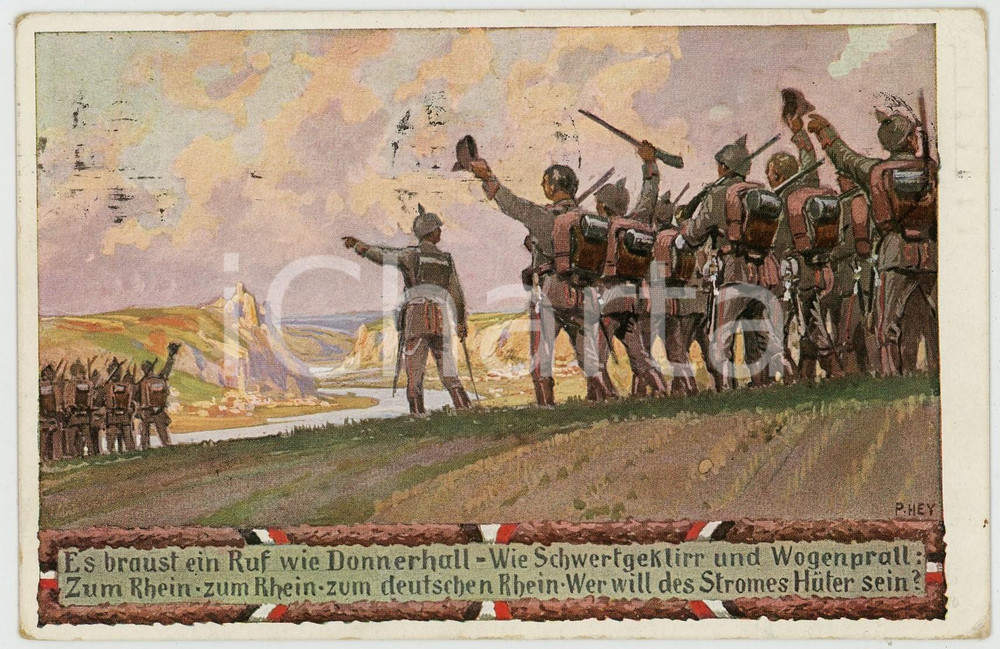 1915 WW1 - DEUTSCHLAND Es braust ein ruf wie donnerhall ILLUSTRATED Postcard FP  Cartolina postale d'epoca, viaggiata. FAIR/discreto Lievi smussature agli angoli, residui di inchiostro al verso Formato: FP originale e autentica 1