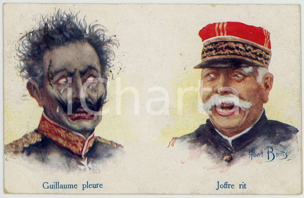1915 WW1 - SATIRE Artist Albert BEERTS Guillaume pleure, Joffre rit - Postcard  Cartolina postale d'epoca, viaggiata. FAIR/discreto Smussature agli angoli Formato: FP originale e autentica 1