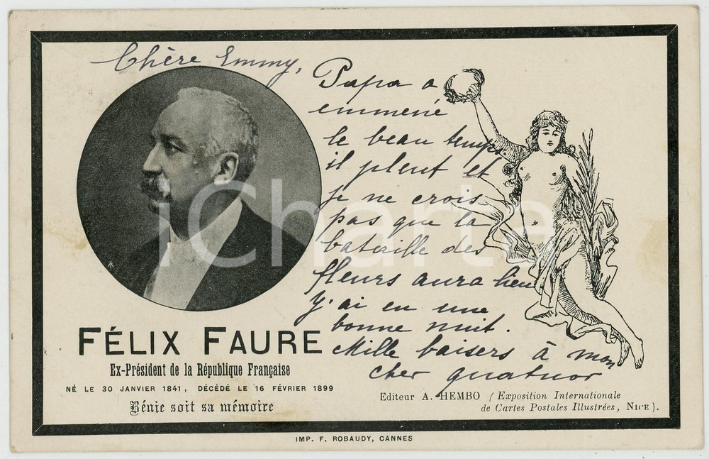 1900 ca FRANCE Félix FAURE Ex-Président République- Carte postale CPA Ed. HEMBO  Cartolina postale d'epoca, viaggiata. FAIR/discreto smussatura angolare; lieve macchia al lato destro Formato: 14x9 cm originale e autentica 1