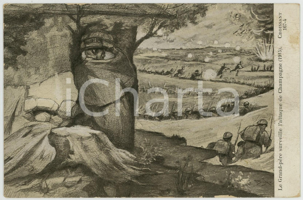 1920 WW1 Le Grande-père surveille l'attaque de Champagne - Carte postale  Cartolina postale d'epoca, viaggiata. POOR/danneggiato Smussature agli angoli, sbrecciature ai margini, aloni Formato: FP originale e autentica 1