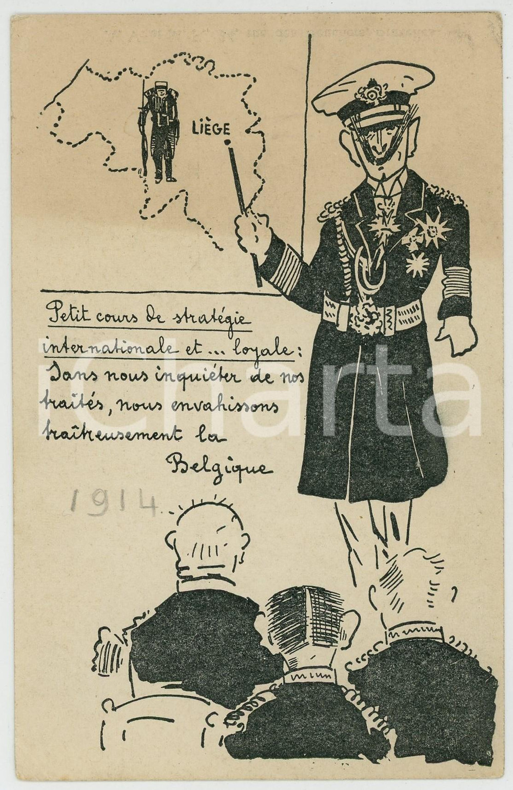 1914 WW1 - BELGIQUE- SATIRE Petit cours de stratégie ILLUSTRATED Postcard FP NV  Cartolina postale d'epoca, viaggiata. FAIR/discreto Smussature agli angoli Formato: FP originale e autentica 1