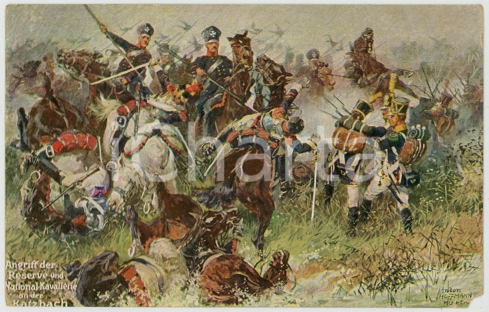 1912 Artist Anton HOFFMANN Angriff der Reserve und National Kavallerie *Postcard  Cartolina postale d'epoca, viaggiata. POOR/danneggiato mancanza angolare Formato: 14x9 cm originale e autentica 1