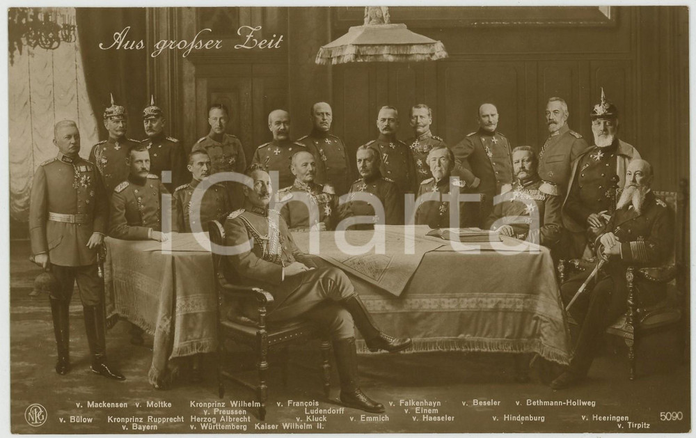 1915 ca WWI GERMANY Aus großer Zeit - Emperor Wilhelm II with top officers  Cartolina postale d'epoca, non viaggiata. GOOD/buono ma ingiallimento al verso Formato: 14x9 cm originale e autentica 1