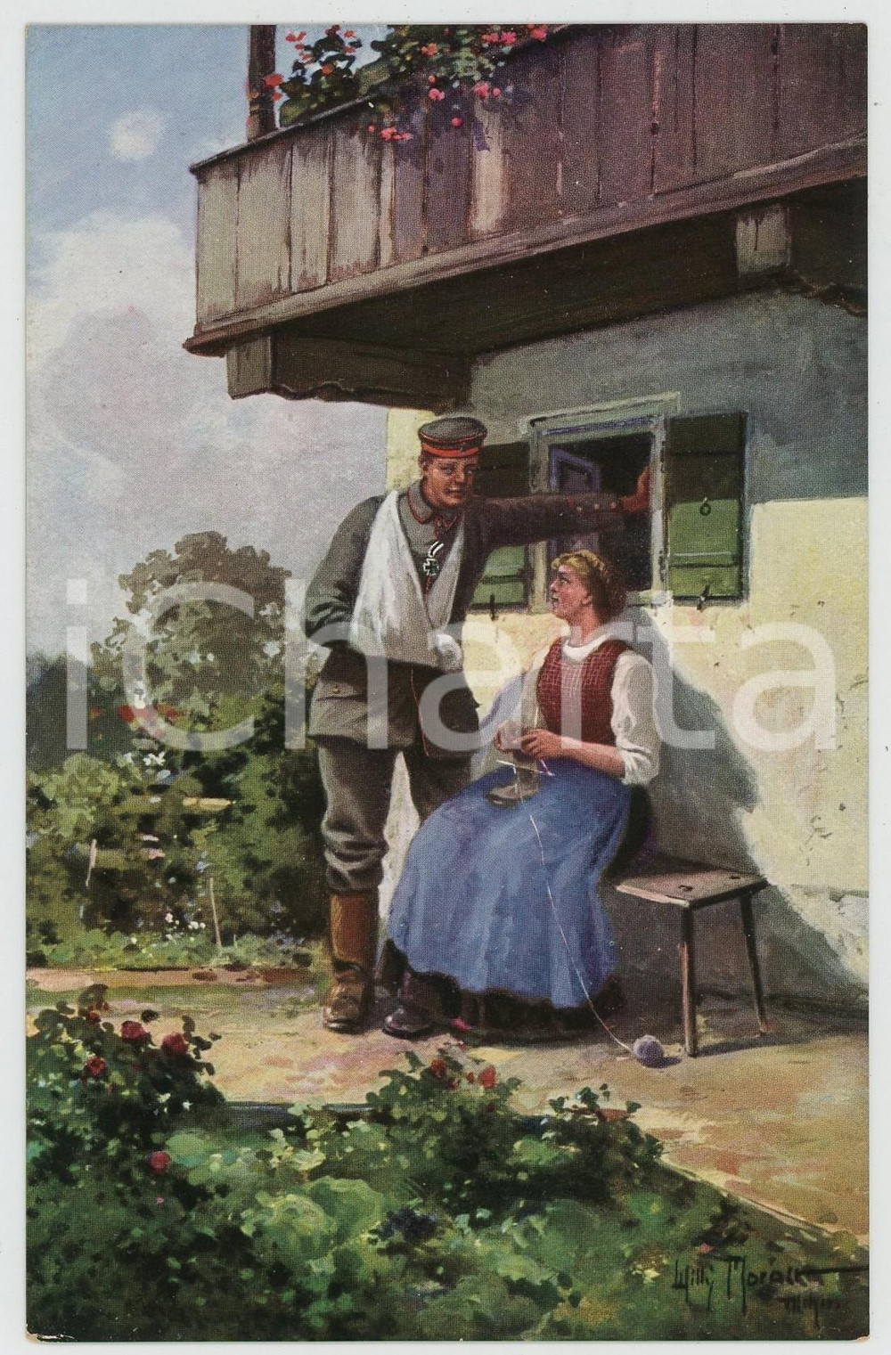 1915 ca WW1 Artist Willy MORALT Soldier with arm in plaster ILLUSTRATED Postcard  Cartolina postale d'epoca, non viaggiata. FAIR/discreto Lievi smussature agli angoli Formato: FP originale e autentica 1