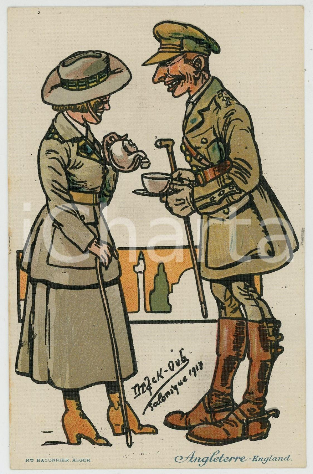 1917 SALONIQUE Artist Drack OUB Le soldat boit du thé - Carte postale FP NV  Cartolina postale, non viaggiata. FAIR/discreto Smussature agli angoli Formato: FP originale e autentica 1
