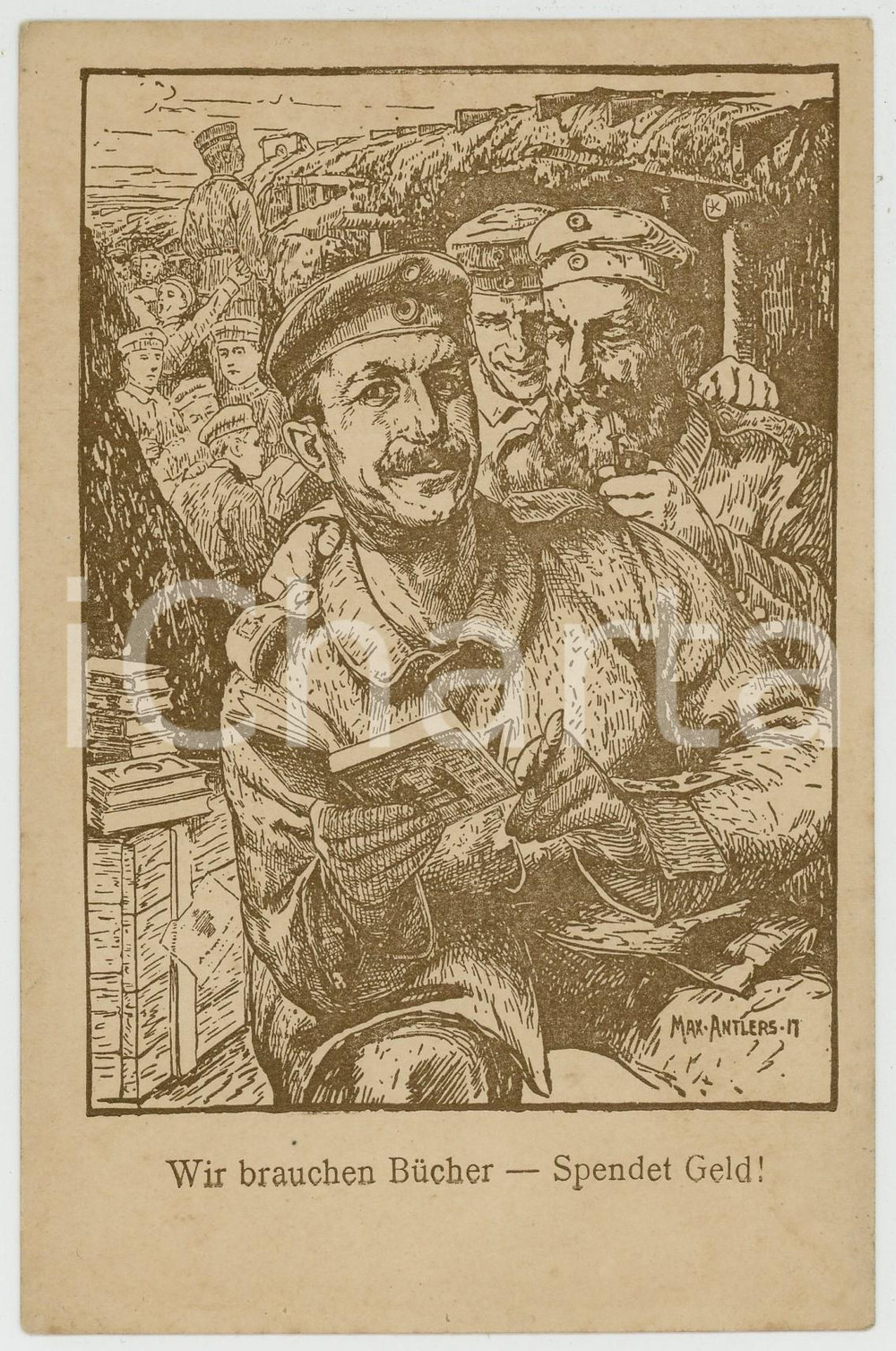 1917 WW1 Artist Max ANTLERS - Wir brauchen Bücher - Spendet Geld! *Postcard  Cartolina postale d'epoca, non viaggiata. GOOD/buono  Formato: 9x14 cm originale e autentica 1