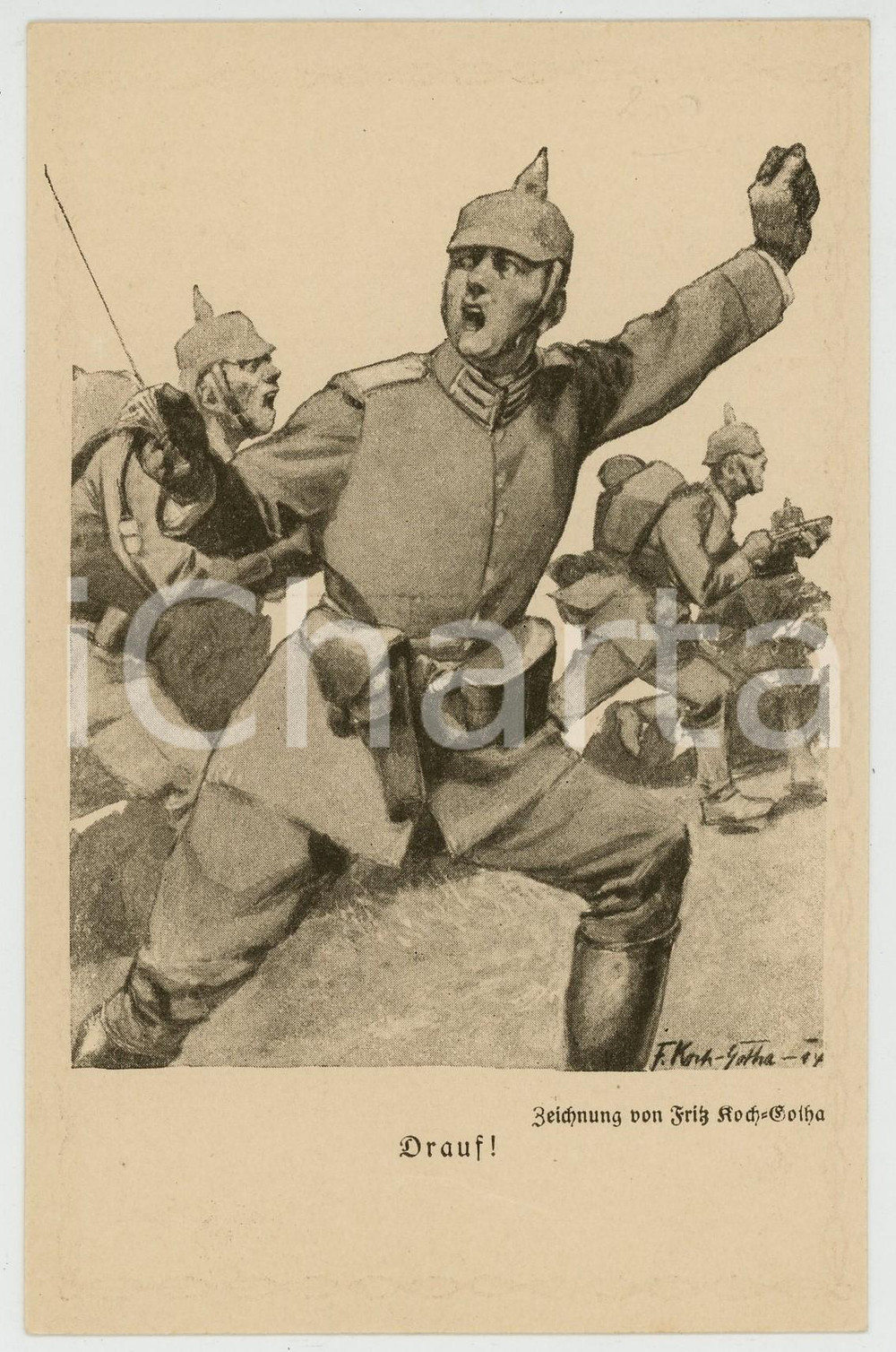 1915 WW1 GERMANY Artist Fritz KOCH-GOTHA - Drauf! - Postcard  Cartolina postale d'epoca, non viaggiata. GOOD/buono  Formato: 9x14 cm originale e autentica 1