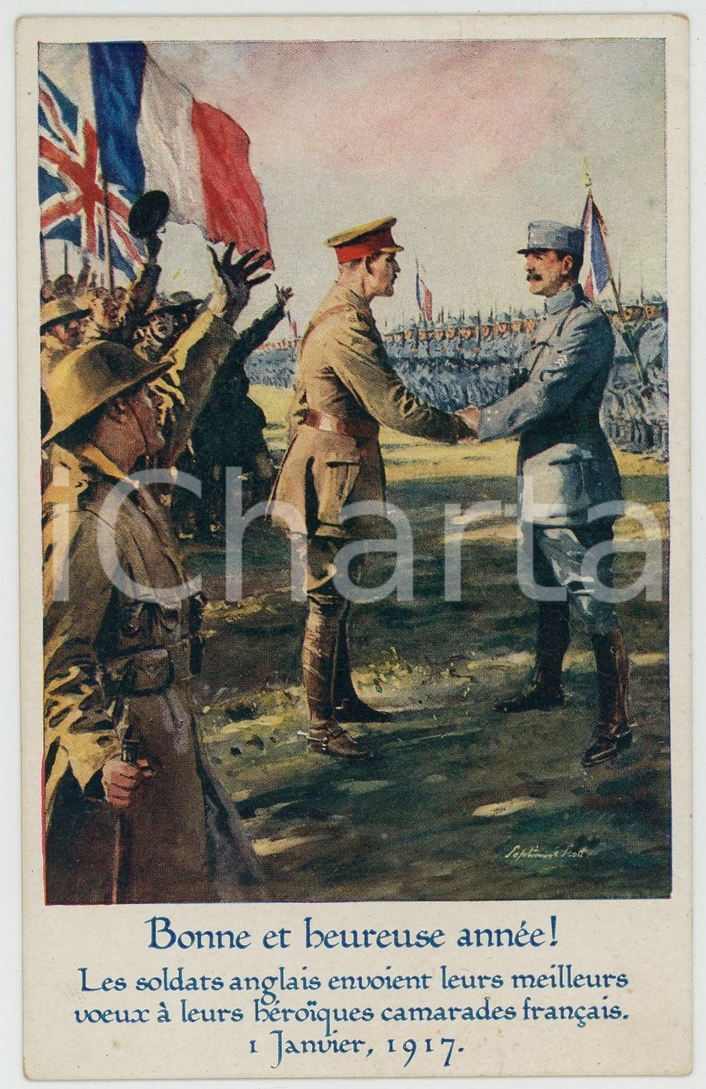 1917 WW1 Artist Septimus Edwin SCOTT - Bonne annéé - Soldats anglais *Postcard  Cartolina postale d'epoca, non viaggiata.Titolo : "Bonne et heureuse ann&eacute;e ! / Les soldats anglais envoient leurs meilleurs / voeux &agrave; leurs h&eacute;ro&iuml;ques camarades fran&ccedil;ais. / 1 Janvier, 1917" . GOOD/buono minime smussature angolari Formato: 9x14 cm originale e autentica 1