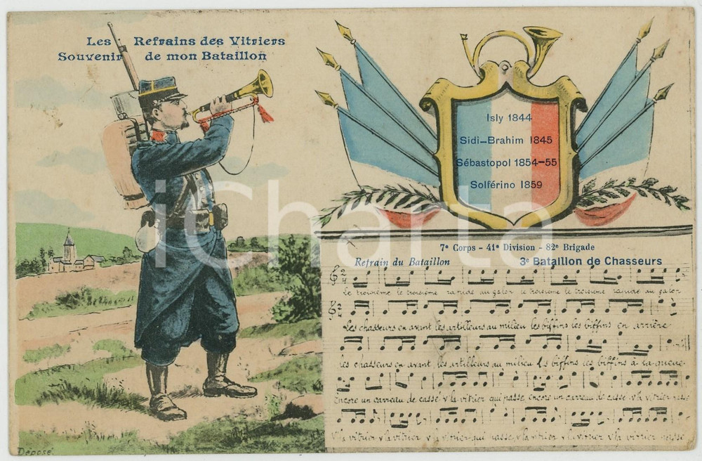 1908 FRANCE ARMEE 3e Bataillon Chasseurs -  Les refrains des Vitriers *Postcard  Cartolina postale d'epoca, viaggiata. GOOD/buono  Formato: 14x9 cm originale e autentica 1