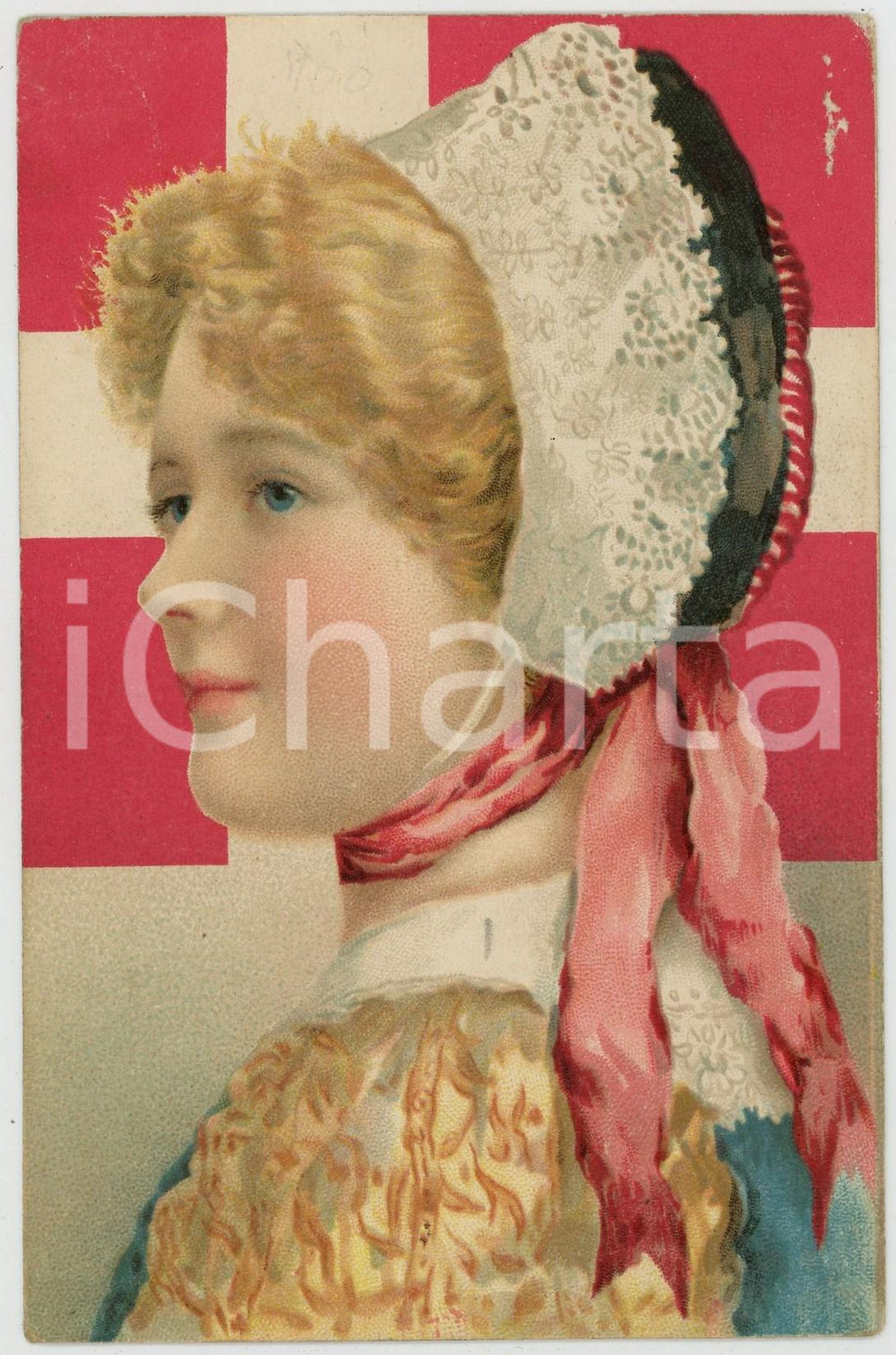 1905 ca EUROPE - Woman - National flag - Postcard (3)  Cartolina postale d'epoca, scritta ma non viaggiata. FAIR/discreto lievi piegature; piccola abrasione al lato superiore Formato: 9x14 cm originale e autentica 1