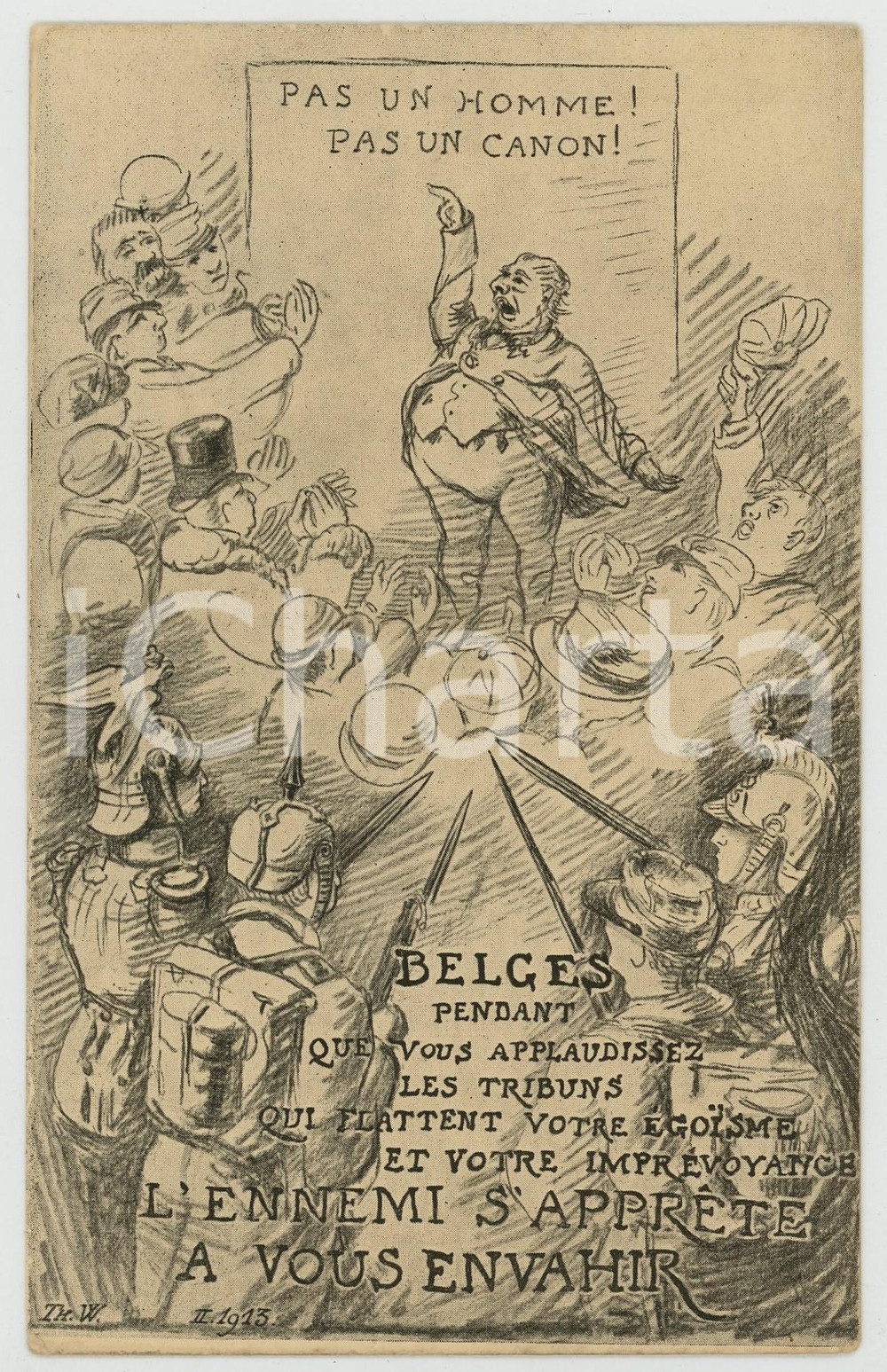 1915 ca WWI BELGIQUE L'ennemi s'apprête à vous envahir *LIGUE DEFENSE NATIONALE Cartolina postale d'epoca, non viaggiata.   GOOD/buono ma piccola abrasione al verso Formato: 9x14 cm originale e autentica 1