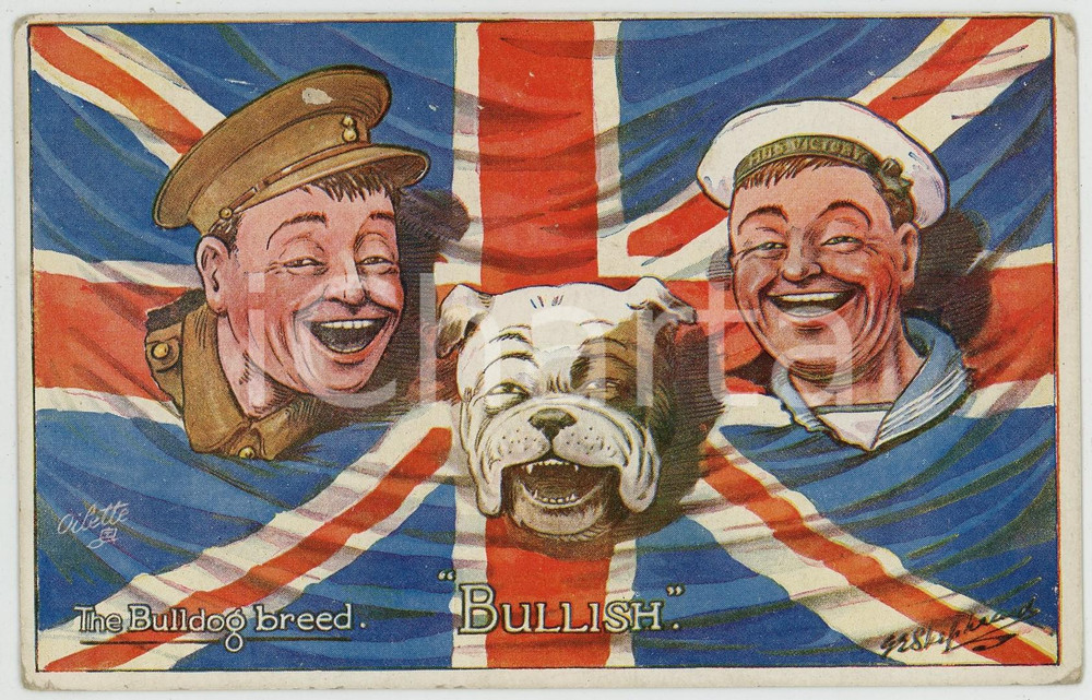 1919 "The Bulldog breed" BULLISH - UK flag - Postcard OILETTE Raphael TUCK  Cartolina postale d'epoca, viaggiata. FAIR/discreto smussature angolari, con piccole abrasioni Formato: 14x9 cm originale e autentica 1