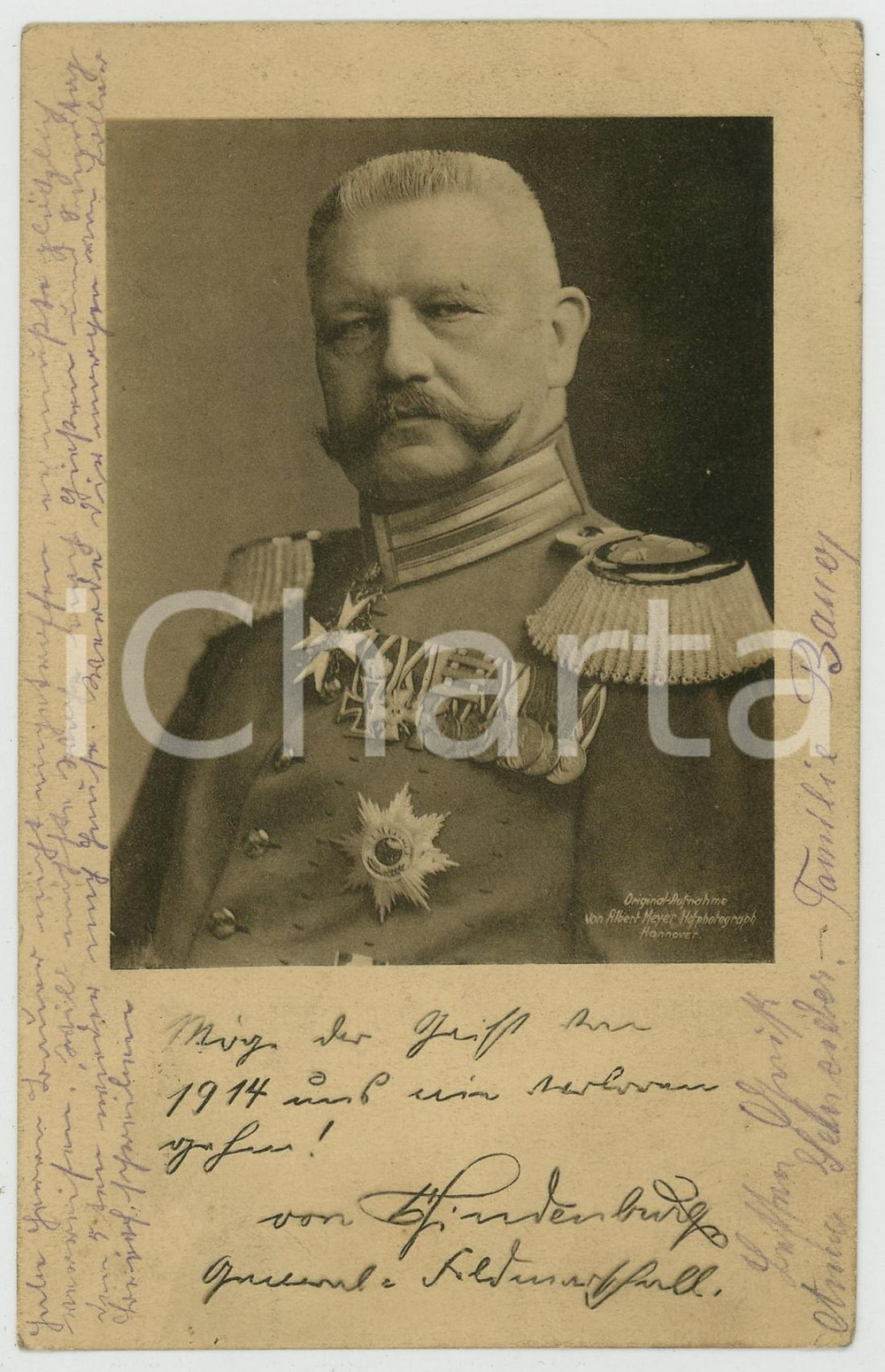 1915 GERMANY General Paul von HINDENBURG - Portrait - Postcard Cartolina postale d'epoca, viaggiata, ma francobollo mancante.   POOR/danneggiato piegature marginali e angolari Formato: 9x14 cm originale e autentica 1