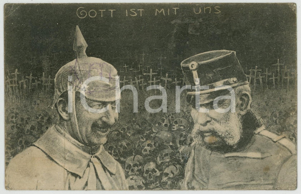 1919 WW1 - SATIRE - DEUTSCHLAND Gott ist mit uns ^ILLUSTRATED Postcard  Cartolina d'epoca, non viaggiata ma con nota manoscritta al verso. POOR/danneggiato Lievi smussature e piegature agli angoli, foro centrale Formato: 14x9 cm originale e autentica 1