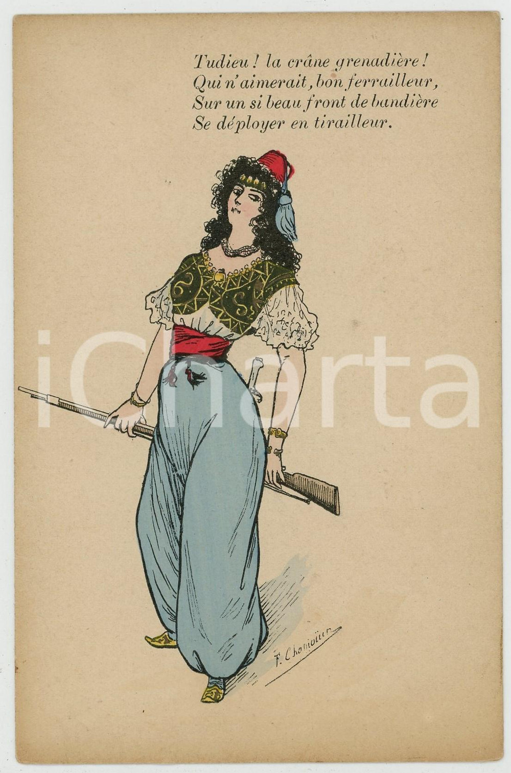 1900 ca Artist F. CHAMOUIN - Woman In harem costume holds a rifle *Postcard  Cartolina postale d'epoca, non viaggiata.Versi a stampa: "Tudieu! la crane grenadiere! Qui n'aimerait, bon ferrailleur, Sur un si beau front de bandiere Se deployer en tirailleur." GOOD/buono  Formato: 9x14 cm originale e autentica 1