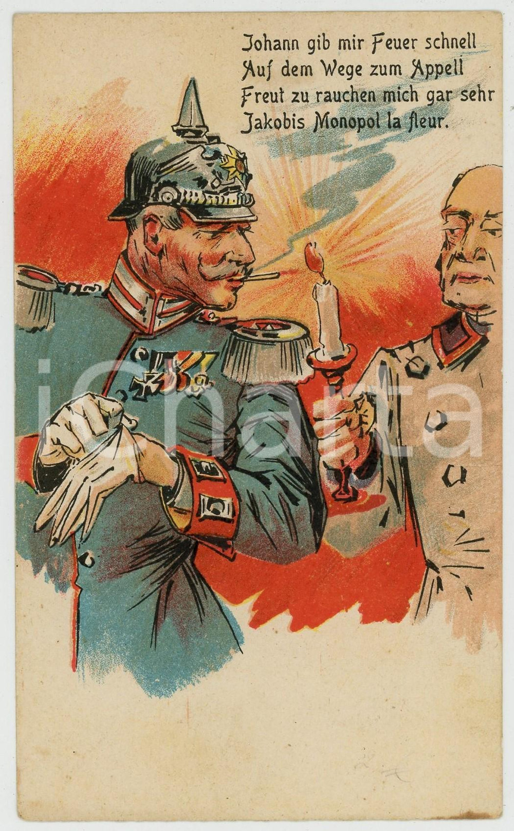 1900 ca DEUTSCHES REICH Wilhelm II - Johann gib mir feuer schnell - Postcard FP Cartolina postale d'epoca, non viaggiata POOR/danneggiato Lievi smussature agli angoli, piegatura al margine destro Formato: FP originale e autentica 1