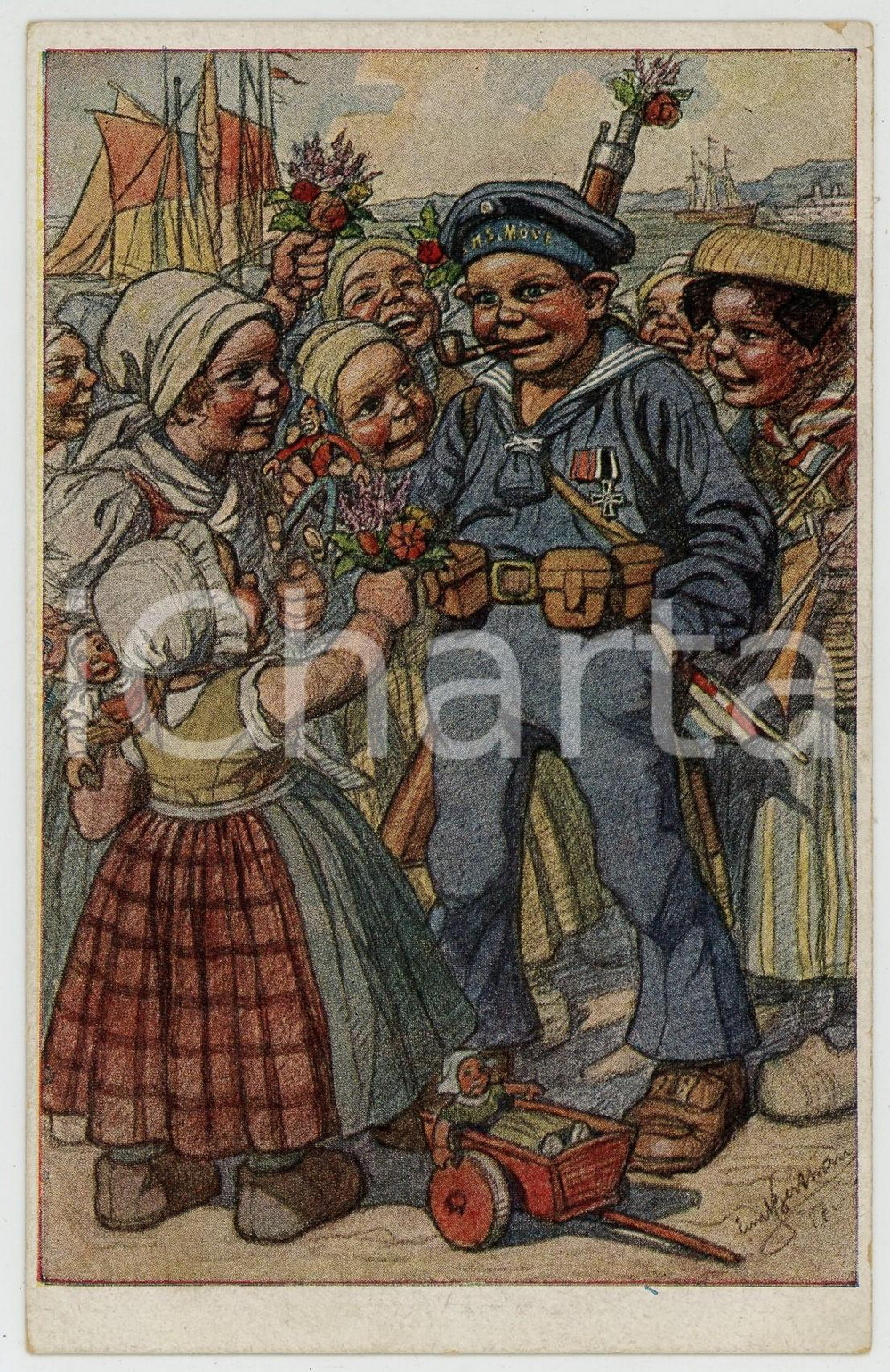 1919 GERMANY - REICHSMARINE Sailor welcomed by girls ILLUSTRATED Postcard FP VG Cartolina postale d'epoca, viaggiata FAIR/discreto Lievi smussature agli angoli Formato: FP originale e autentica 1