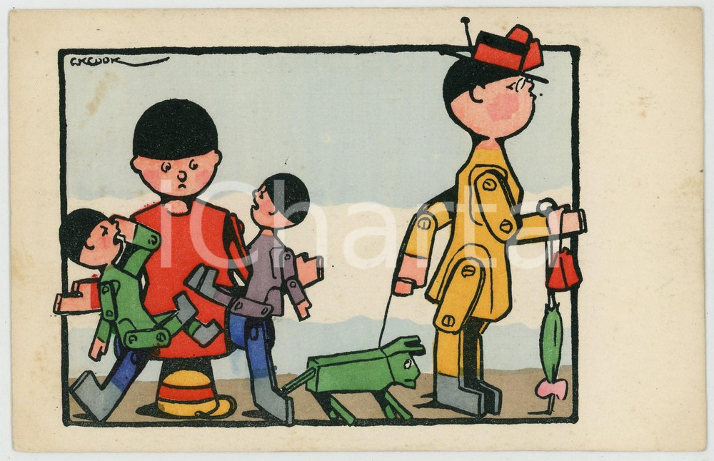 1910 ca TOYS Artist C.K. COOK Puppets and marionettes ILLUSTRATED Postcard FP NV  Cartolina postale d'epoca, non viaggiata ma con nota manoscritta. FAIR/discreto Lievi smussature agli angoli Formato: FP originale e autentica 1