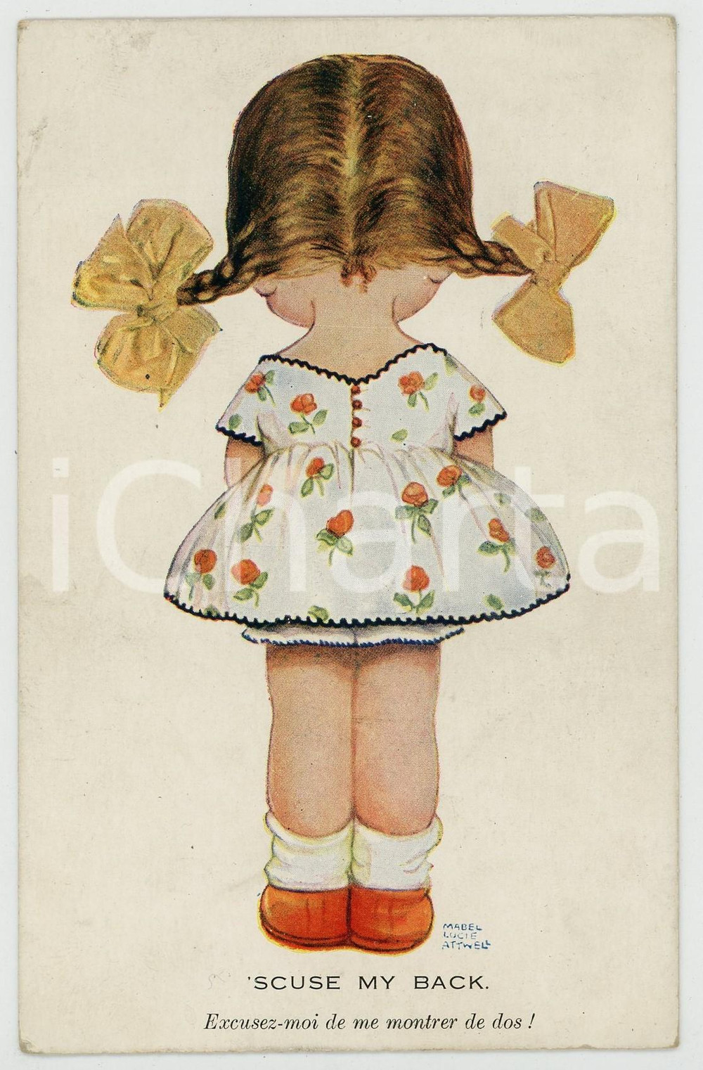 1929 CHILDREN Artist Mabel Lucie ATTWELL - 'scuse my back - Postcard  Cartolina postale d'epoca, viaggiata. GOOD/buono minime smussature angolari Formato: 9x14 cm originale e autentica 1