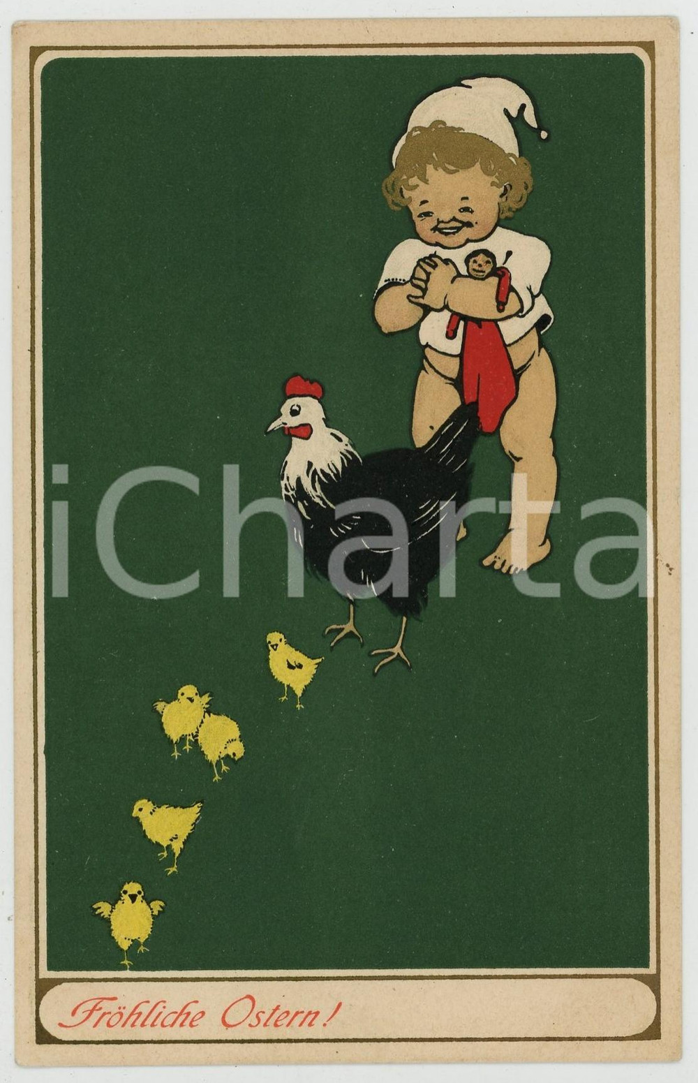 1900 ca FROHLICHE OSTERN - HAPPY EASTER Child with rooster and chicks - Postcard  Cartolina d'epoca, non viaggiata. FAIR/discreto Smussature agli angoli Formato: FP originale e autentica 1