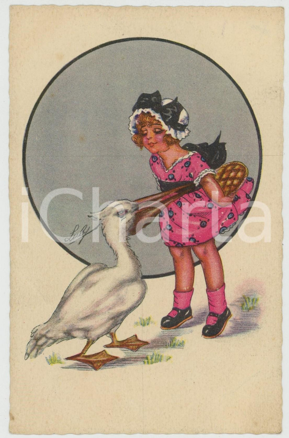 1910 ca CHILDREN Girl hiding a pie from a pelican ILLUSTRATED Postcard FP NV  Cartolina postale d'epoca, non viaggiata. POOR/danneggiato Piegatura all'angolo inferiore destro Formato: FP originale e autentica 1
