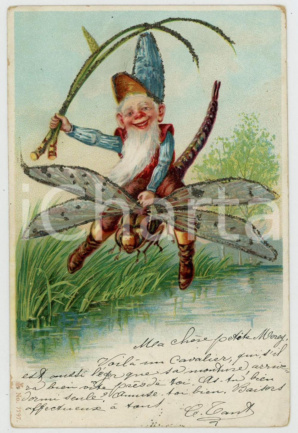 1901 BELGIQUE - FANTASY Gnome riding a dragonfly ILLUSTRATED Postcard FP VG  Cartolina d'epoca, non viaggiata. FAIR/discreto Smussature agli angoli Formato: FP originale e autentica 1