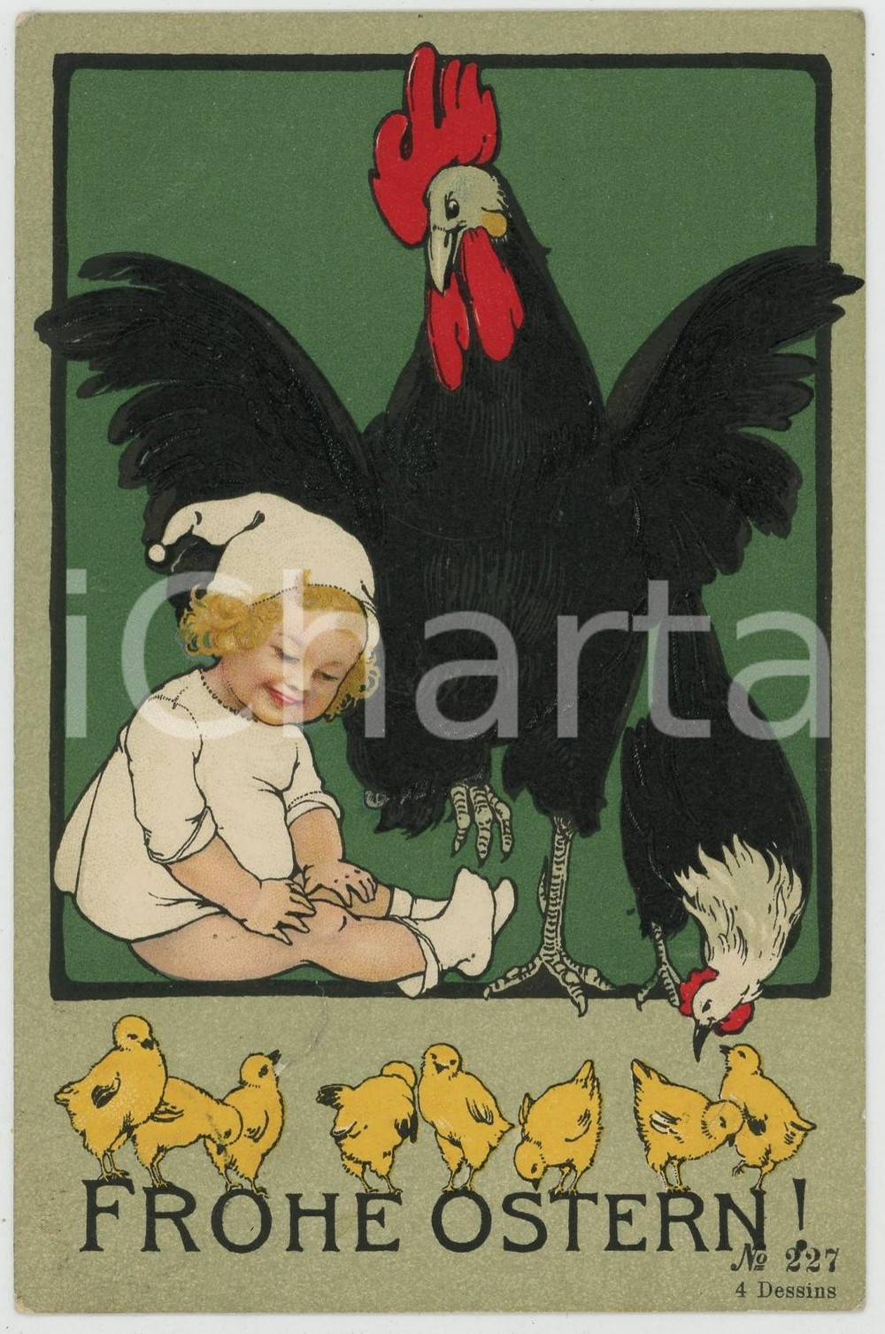 1909 FROHE OSTERN - HAPPY EASTER Child with rooster and chicks - Postcard FP VG  Cartolina d'epoca, viaggiata. VERY POOR/gravemente danneggiato Smussature agli angoli,  taglio centralo Formato: FP originale e autentica 1