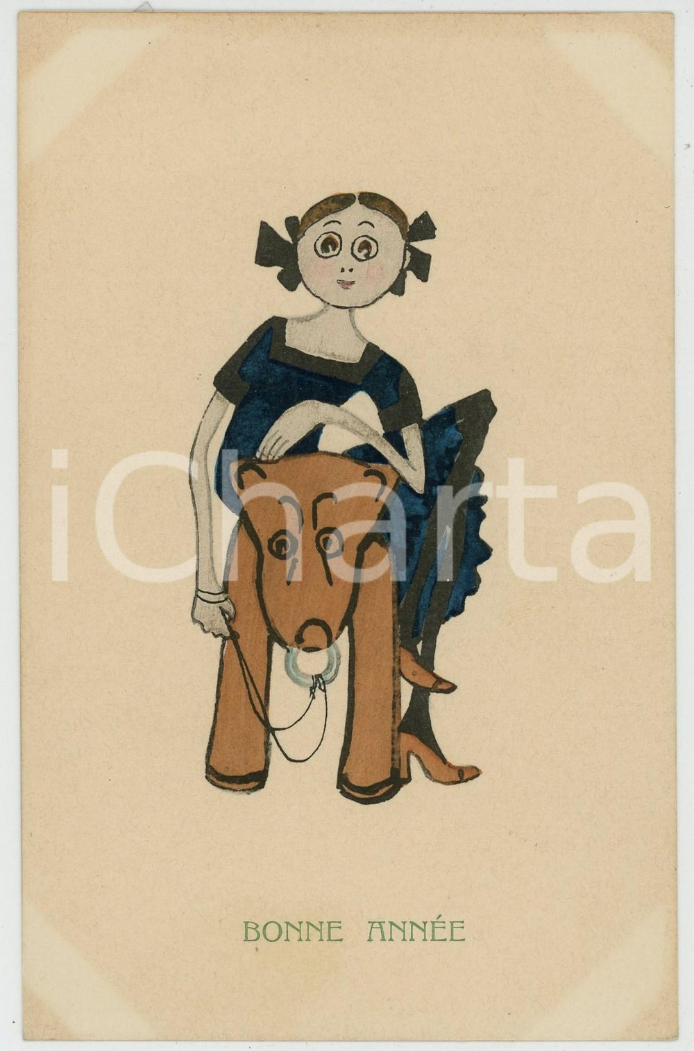 1910 ca BONNE ANNEE Little girl on horse toy - Postcard ill. H. CHRIST  Cartolina postale d'epoca, non viaggiata.CONDIZIONI: GFORMATO: FP    originale e autentica 1
