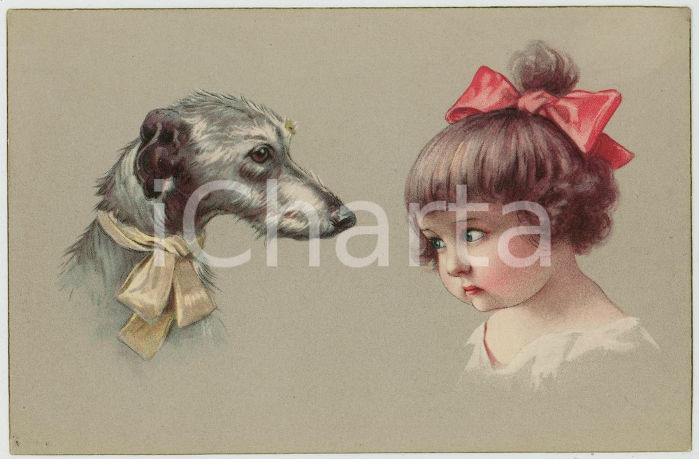 1910 ca CHILDREN Little girl with dog ILLUSTRATED Postcard FP NV (2)  Cartolina d'epoca, non viaggiata. POOR/danneggiato Smussature agli angoli, esteso alone all'angolo superiore destro Formato: FP originale e autentica 1