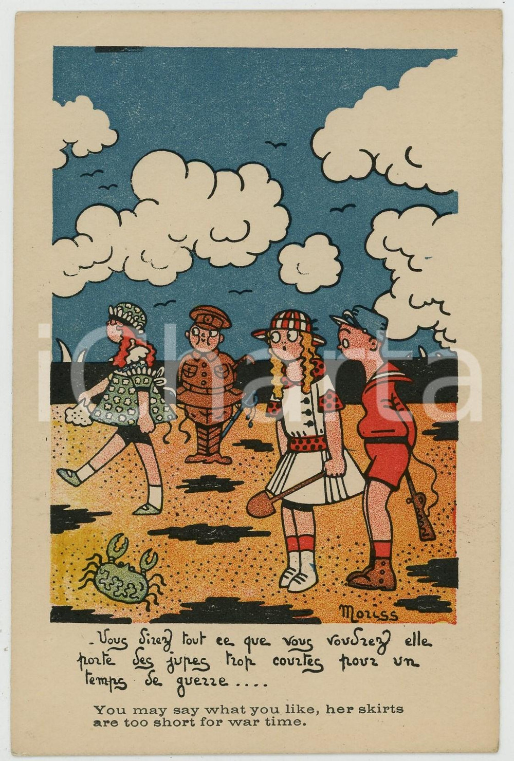 1915 ca WWI HUMOUR FRANCE Artist MORISS - Skirts short for war time - Postcard  Cartolina postale originale d'epoca, non viaggiata. POOR/danneggiato piegatura angolare Formato: 9x14 cm originale e autentica 1