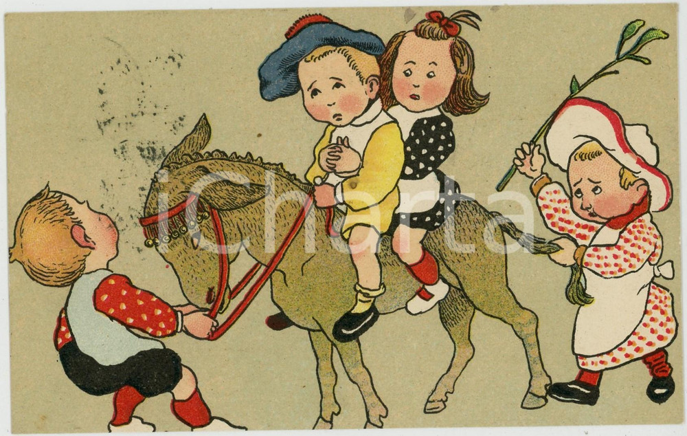 1905 ca CHILDREN playing with a donkey ILLUSTRATED Postcard FP VG  Cartolina d'epoca, viaggiata. POOR/danneggiato Smussature agli angoli, macchie di inchiostro al verso Formato: FP originale e autentica 1