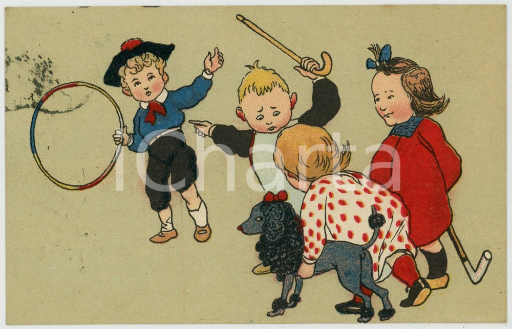 1905 ca CHILDREN playing with a dog ILLUSTRATED Postcard FP VG  Cartolina d'epoca, viaggiata. POOR/danneggiato Smussature agli angoli, macchie di inchiostro al verso Formato: FP originale e autentica 1