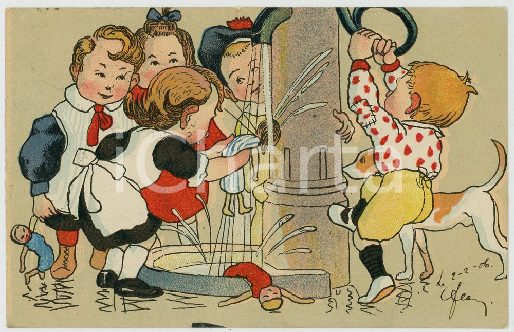 1906 CHILDREN playing with the fountain ILLUSTRATED Postcard FP VG  Cartolina d'epoca, viaggiata. POOR/danneggiato Smussature agli angoli, fustellatura circolare al margine superiore Formato: FP originale e autentica 1