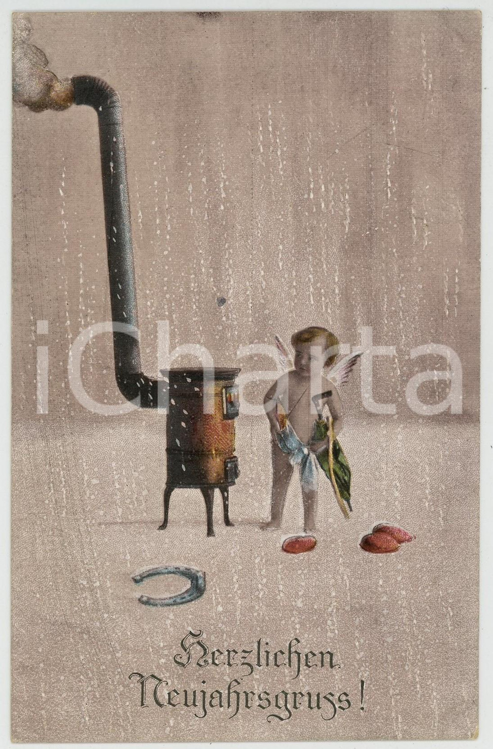 1920 ca HUMOUR Herzlichen Neujahrsgruss - Cupid feeling cold *Postcard  Cartolina postale d'epoca, scritta al verso, ma non viaggiata. GOOD/buono  Formato: 9x14 cm originale e autentica 1