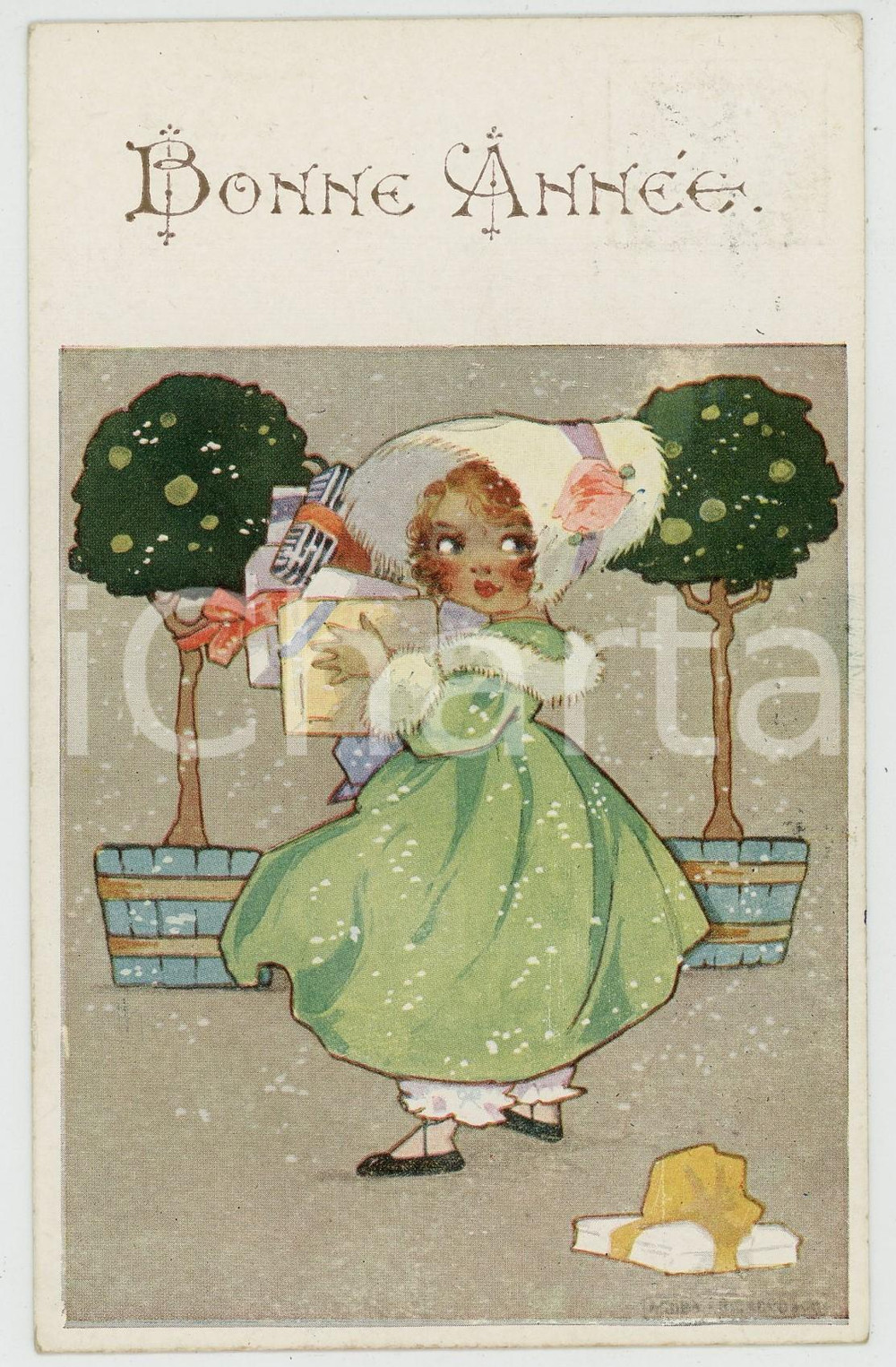 1924 BONNE ANNEE  Little girl with her gifts - Postcard COMIQUE Series  Cartolina postale d'epoca, viaggiata. GOOD/buono  Formato: 9x14 cm originale e autentica 1