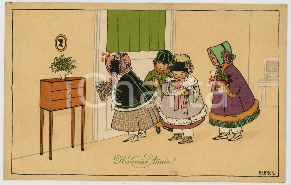 1910 ca BONNE ANNEE Children waiting with presents - ill. P. EBNER *Postcard  Cartolina postale d'epoca, non viaggiata.CONDIZIONI: GFORMATO: FP    originale e autentica 1